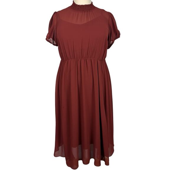 Torrid Dress Women 1X Brown Chiffon Midi Smocked Neck Lined Romantic - Picture 4 of 11